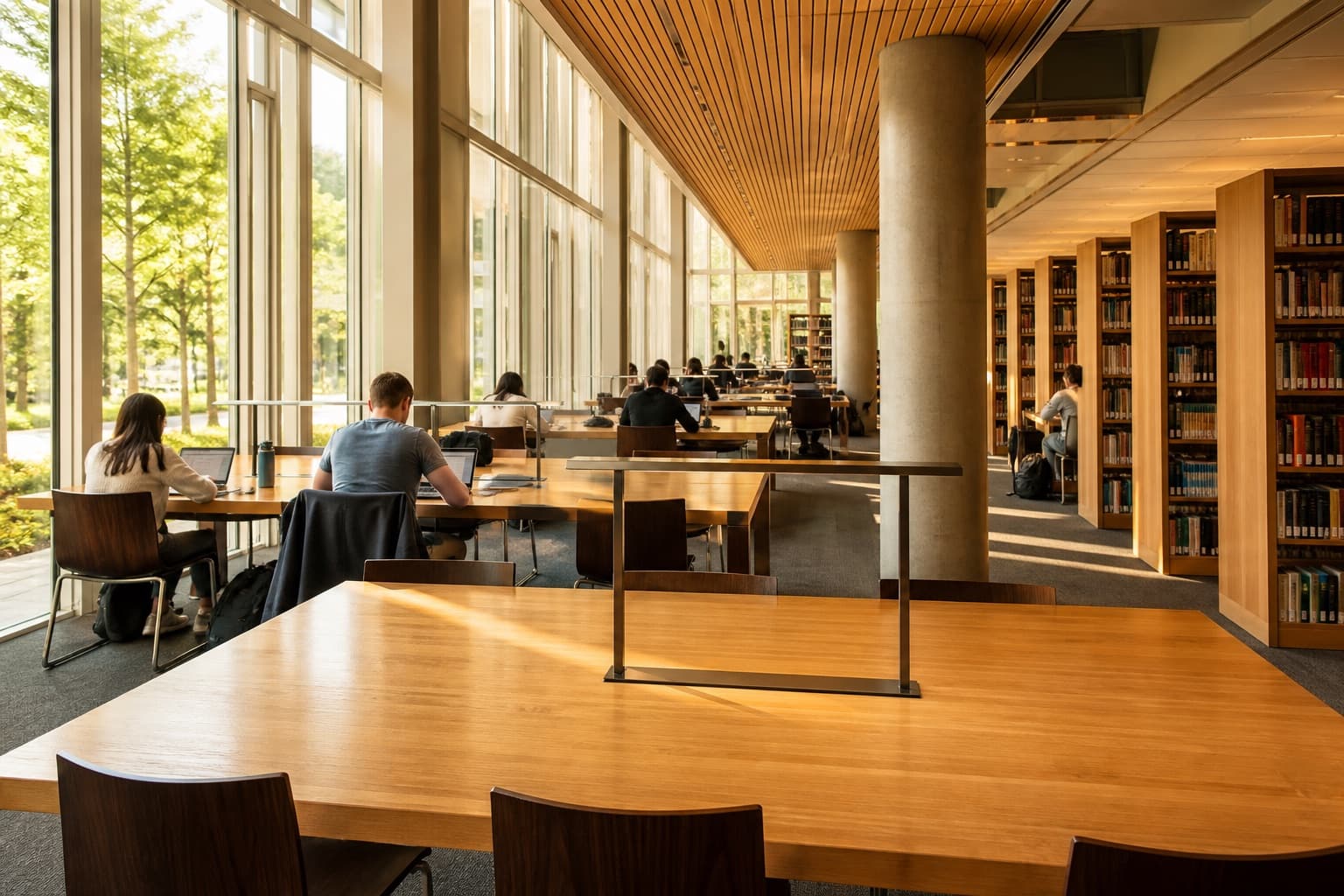 Students studying in a bright university library